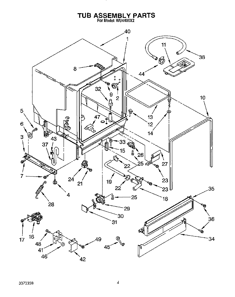 TUB, LIT/OPTIONAL Diagram and Parts List for WU4400X2  Roper Dishwasher