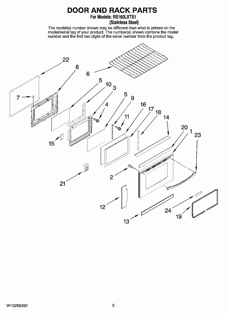DOOR AND RACK PARTS, OPTIONAL PARTS (NOT INCLUDED) Diagram and Parts List for RS160LXTS1  Whirlpool Range