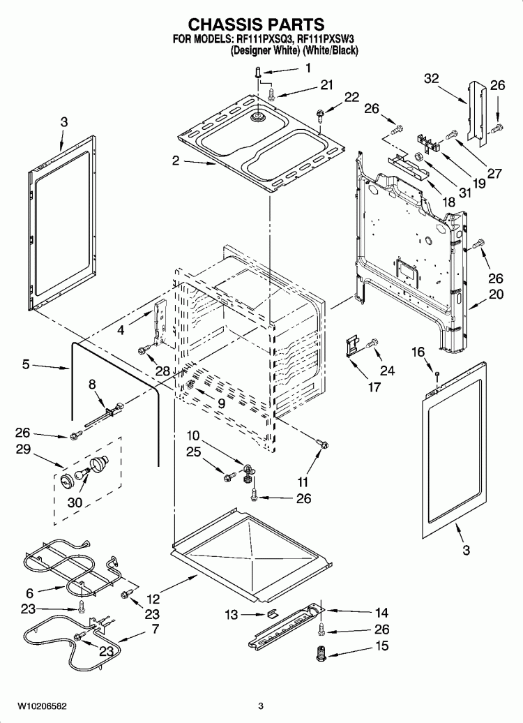 CHASSIS PARTS Diagram and Parts List for RF111PXSW3  Whirlpool Range