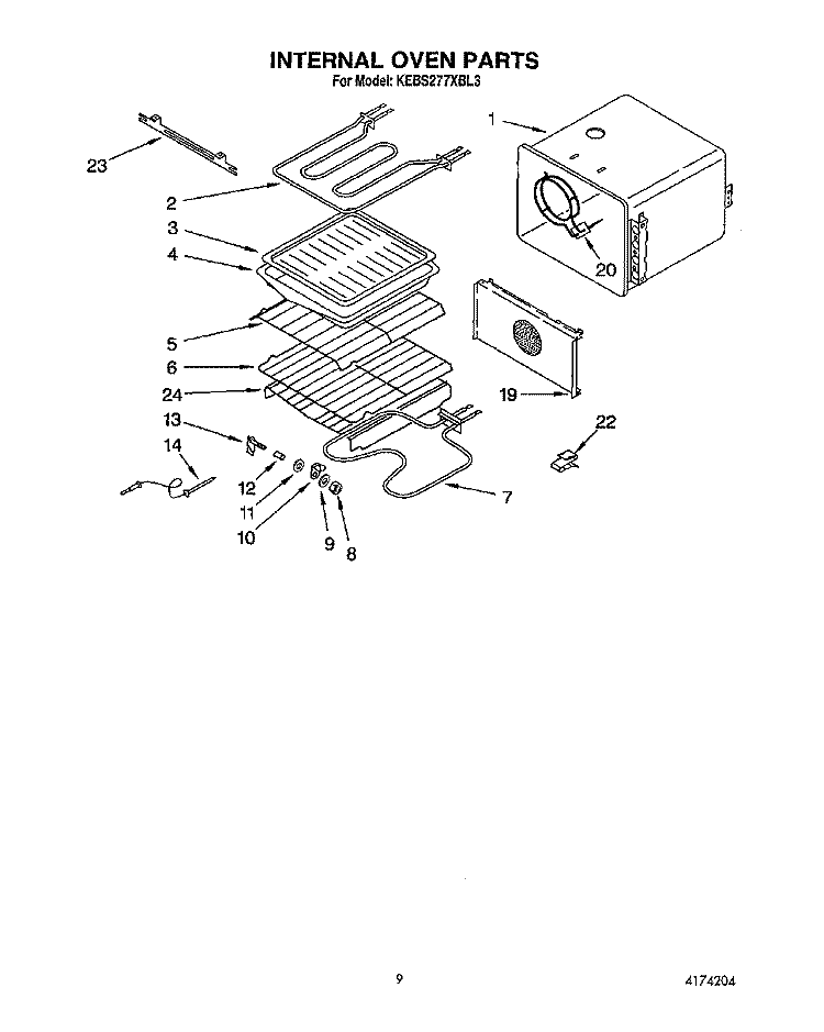 INTERNAL OVEN Diagram and Parts List for KEBS277XBL3  KitchenAid Wall Oven