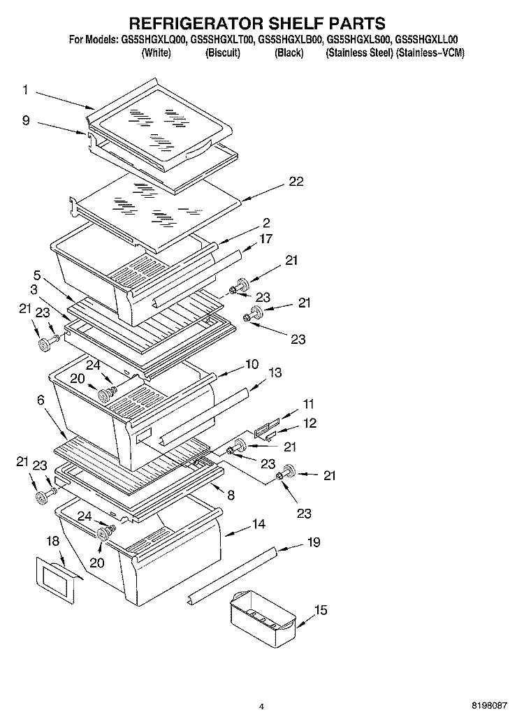 REFRIGERATOR SHELF Diagram and Parts List for GS5SHGXLQ00  Whirlpool Refrigerator