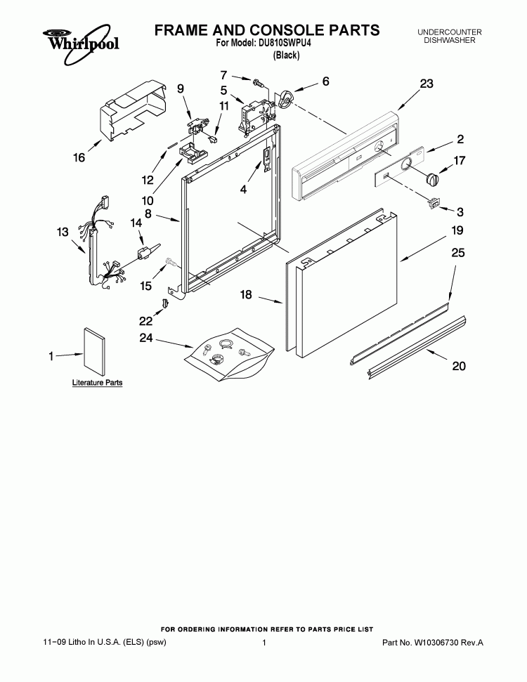 FRAME AND CONSOLE PARTS Diagram and Parts List for DU810SWPU4  Whirlpool Dishwasher
