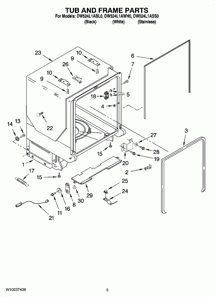 TUB AND FRAME PARTS Diagram and Parts List for DW524L1ABL0  Whirlpool Dishwasher
