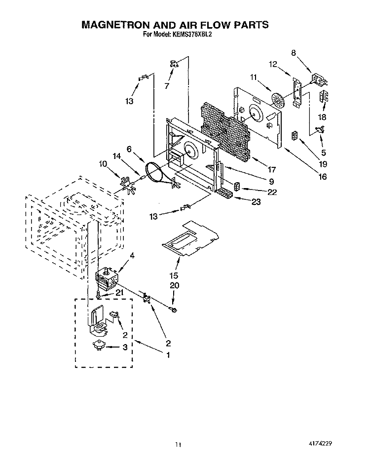 MAGNETRON AND AIRFLOW Diagram and Parts List for KEMS378XWH2  KitchenAid Wall Oven