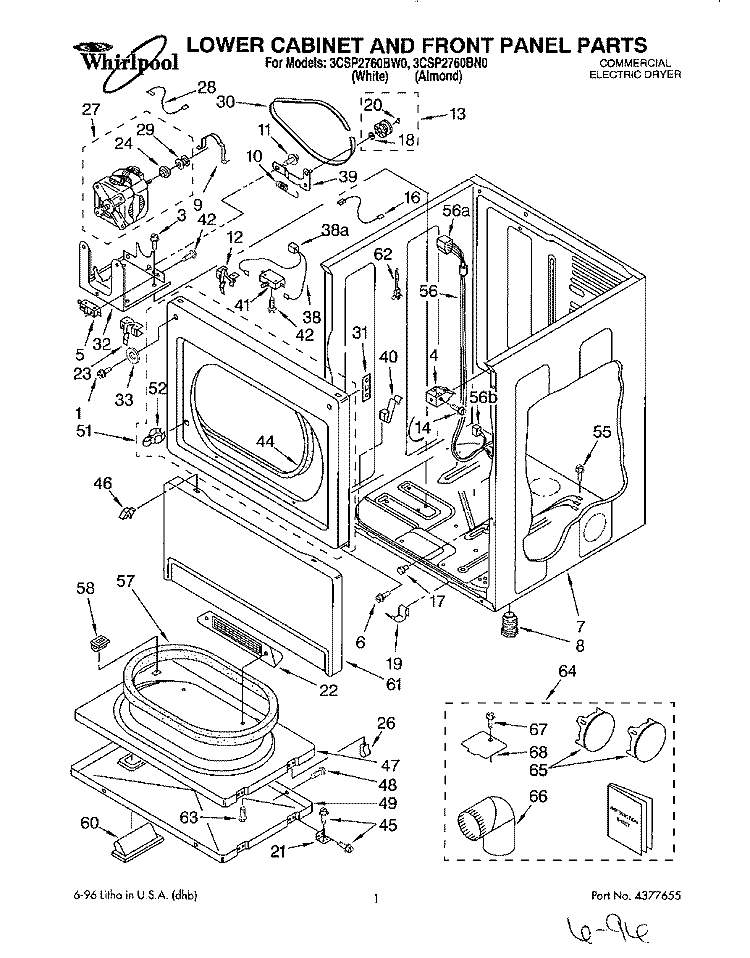 LOWER CABINET AND FRONT PANEL Diagram and Parts List for 3CSP2760BN0  Whirlpool Dryer