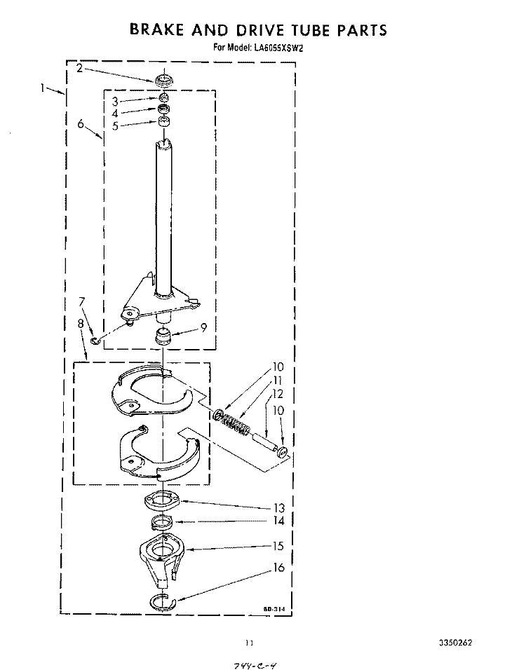 BRAKE AND DRIVE TUBE Diagram and Parts List for LA6055XSW2  Whirlpool Washer
