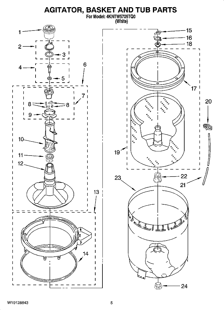 AGITATOR, BASKET AND TUB PARTS Diagram and Parts List for 4KNTW5705TQ0  KitchenAid Washer