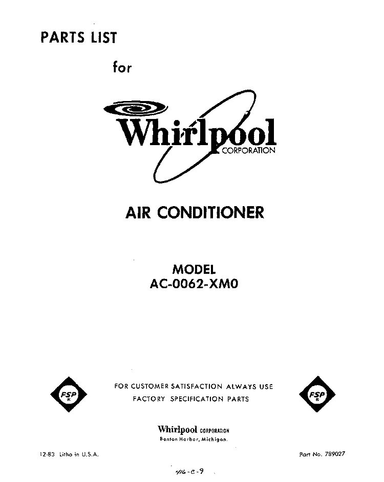 SECTION Diagram and Parts List for AC0062XM0  Whirlpool Air Conditioner