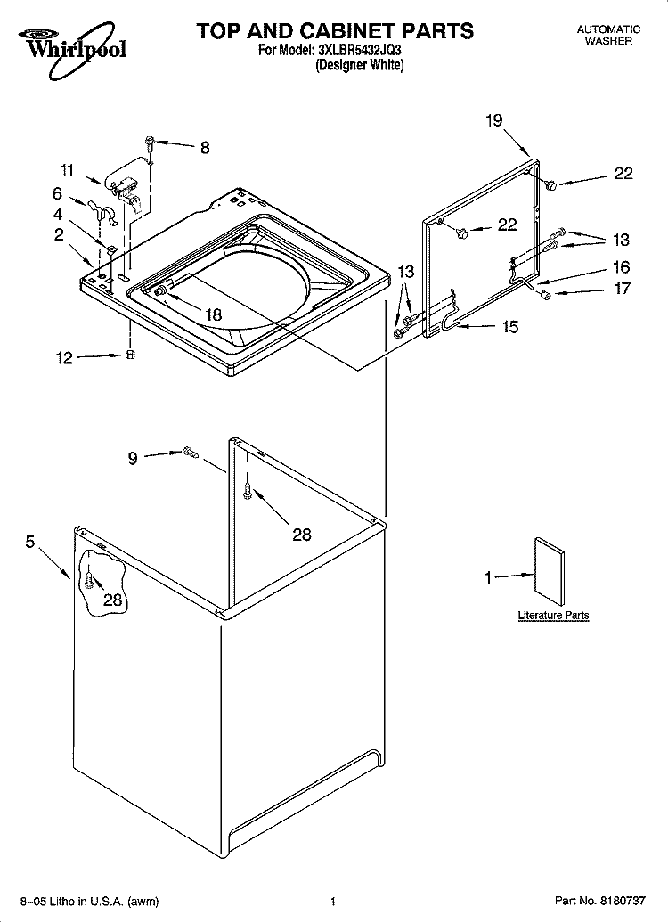 TOP AND CABINET PARTS Diagram and Parts List for 3XLBR5432JQ3  Whirlpool Washer