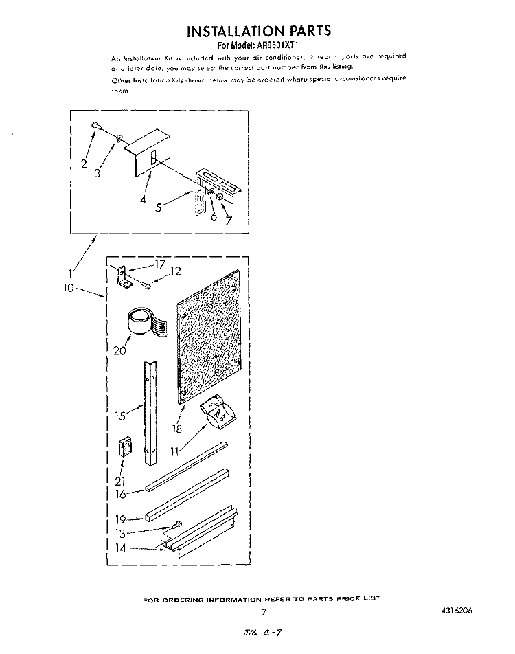 INSTALLATION Diagram and Parts List for AR0501XT1  Whirlpool Air Conditioner