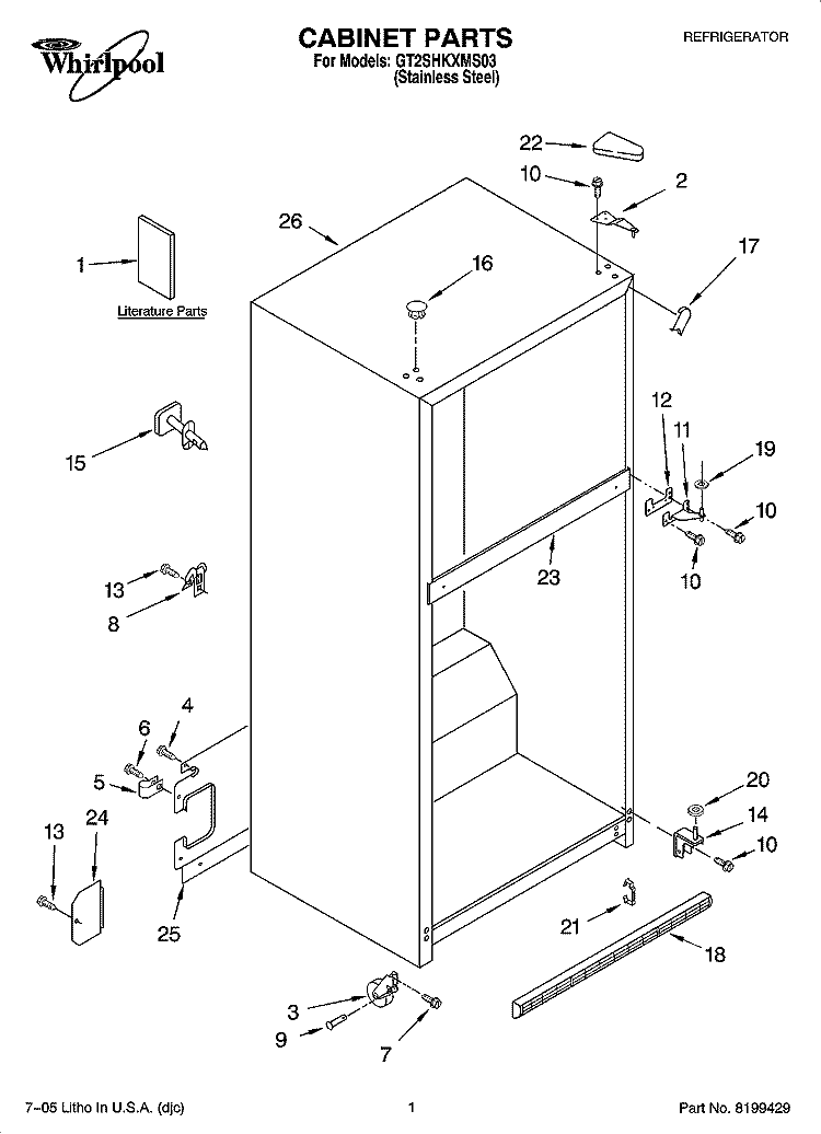 CABINET PARTS Diagram and Parts List for GT2SHKXMS03  Whirlpool Refrigerator