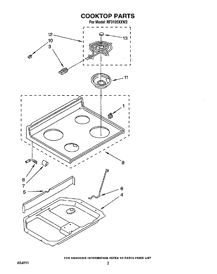 COOKTOP, LIT/OPTIONAL Diagram and Parts List for RF3105XXW2  Whirlpool Range