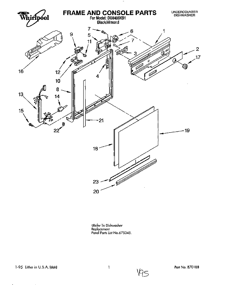 FRAME AND CONSOLE Diagram and Parts List for DU8400XB1  Whirlpool Dishwasher