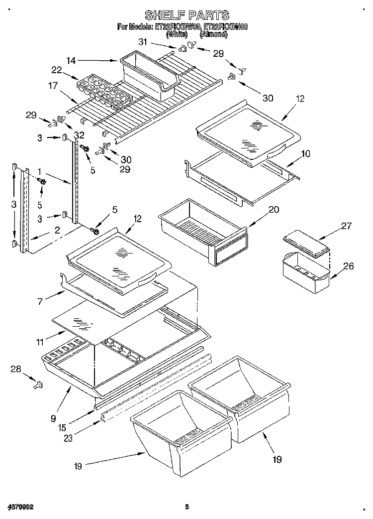 SHELF Diagram and Parts List for ET22PKXDN00  Whirlpool Refrigerator