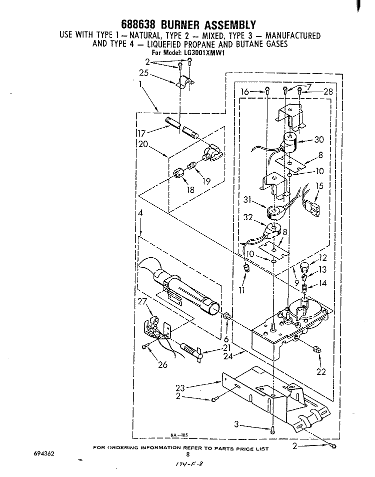 688638 BURNER ASSEMBLY Diagram and Parts List for LG3001XMW1  Whirlpool Dryer