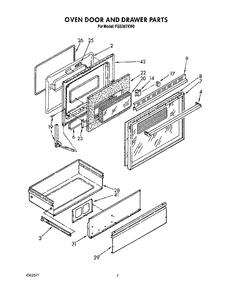 OVEN DOOR AND DRAWER Diagram and Parts List for FGS397XW0  Roper Range