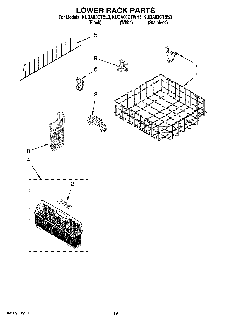 LOWER RACK PARTS Diagram and Parts List for KUDA03CTBL3  KitchenAid Dishwasher