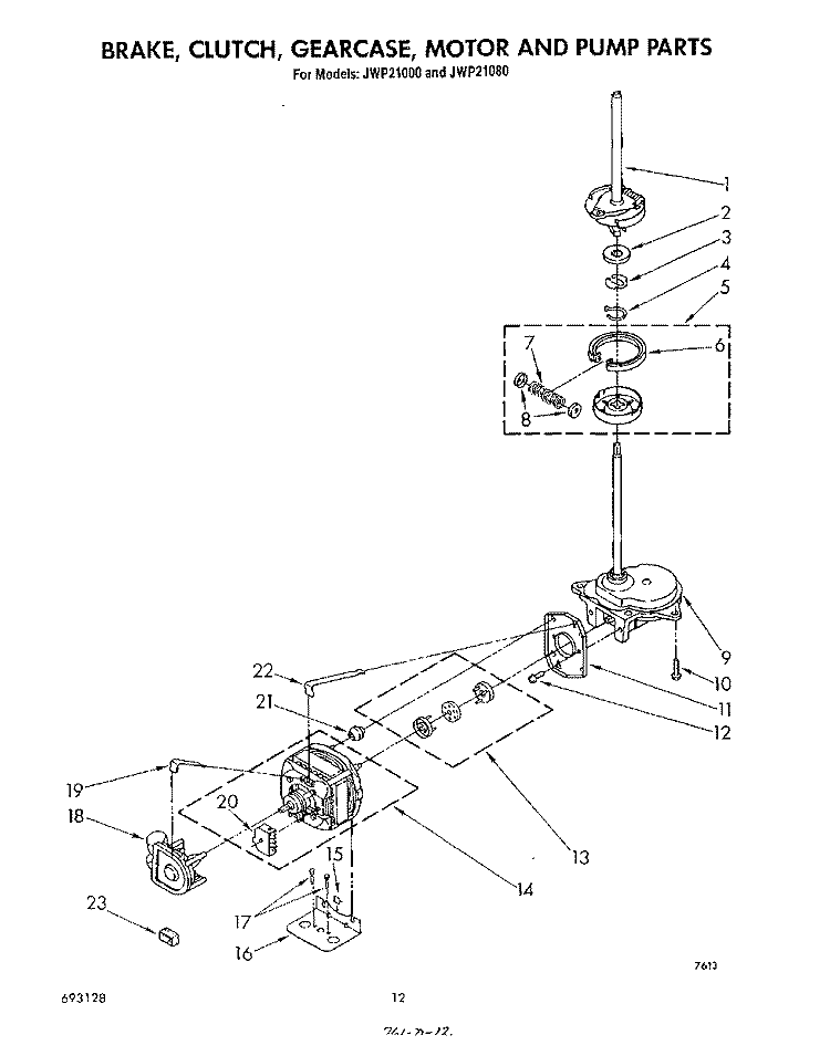 BRAKE, CLUTCH, GEARCASE, MOTOR AND PUMP Diagram and Parts List for JWP21000  Whirlpool Washer Dryer Combo