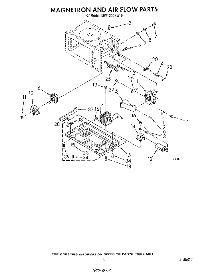 MAGNETRON AND AIR FLOW Diagram and Parts List for MW1200XW0  Whirlpool Microwave