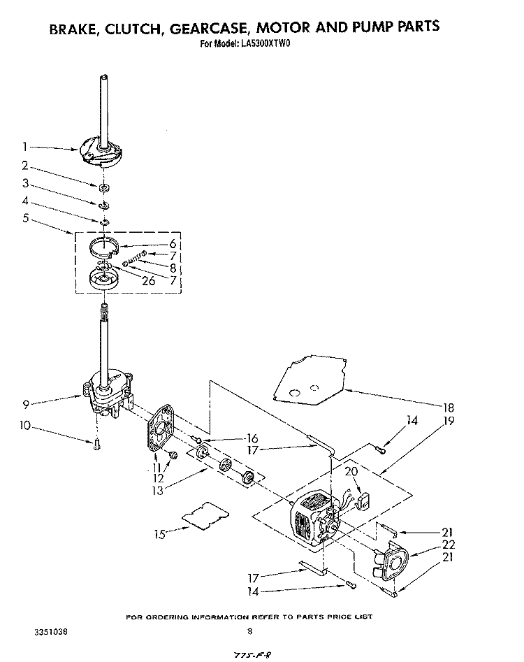 BRAKE, CLUTCH, GEARCASE, MOTOR AND PUMP Diagram and Parts List for LA5300XTW0  Whirlpool Washer