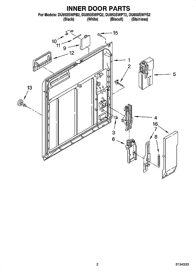 INNER DOOR PARTS Diagram and Parts List for DU850SWPQ2  Whirlpool Dishwasher
