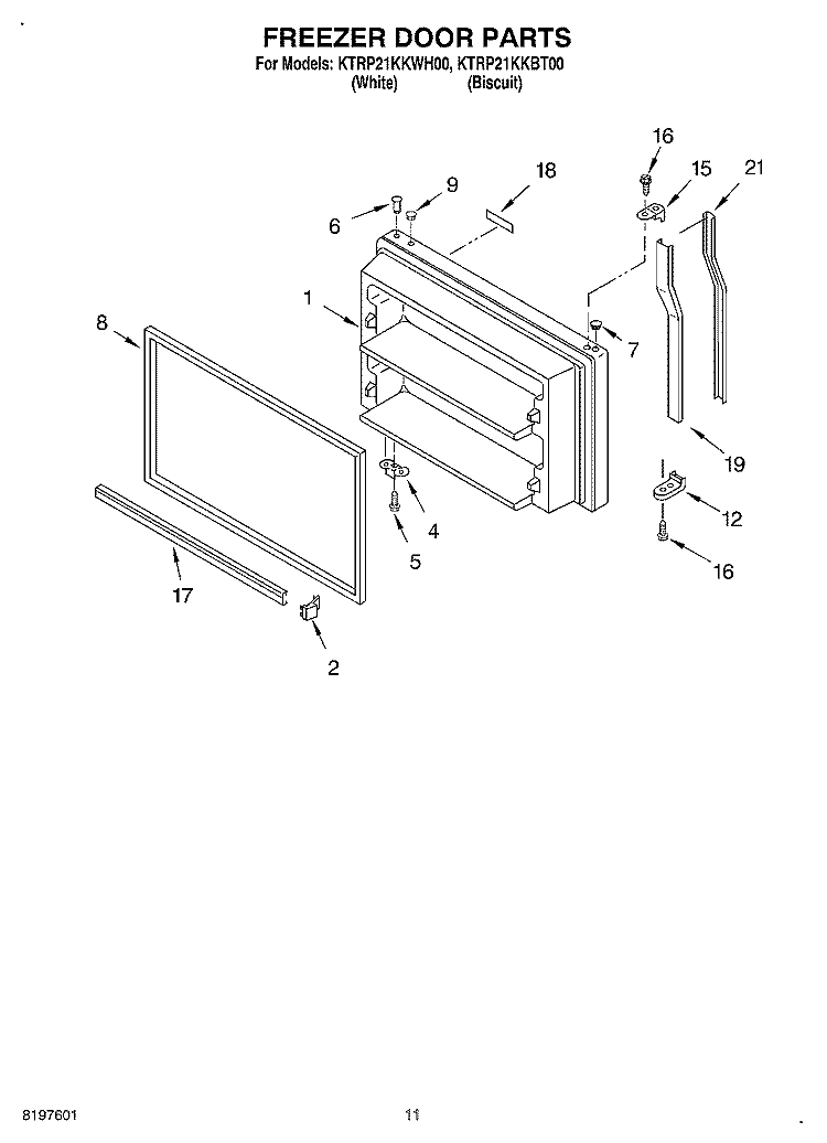 FREEZER DOOR, OPTIONAL Diagram and Parts List for KTRP21KKBT00  KitchenAid Refrigerator