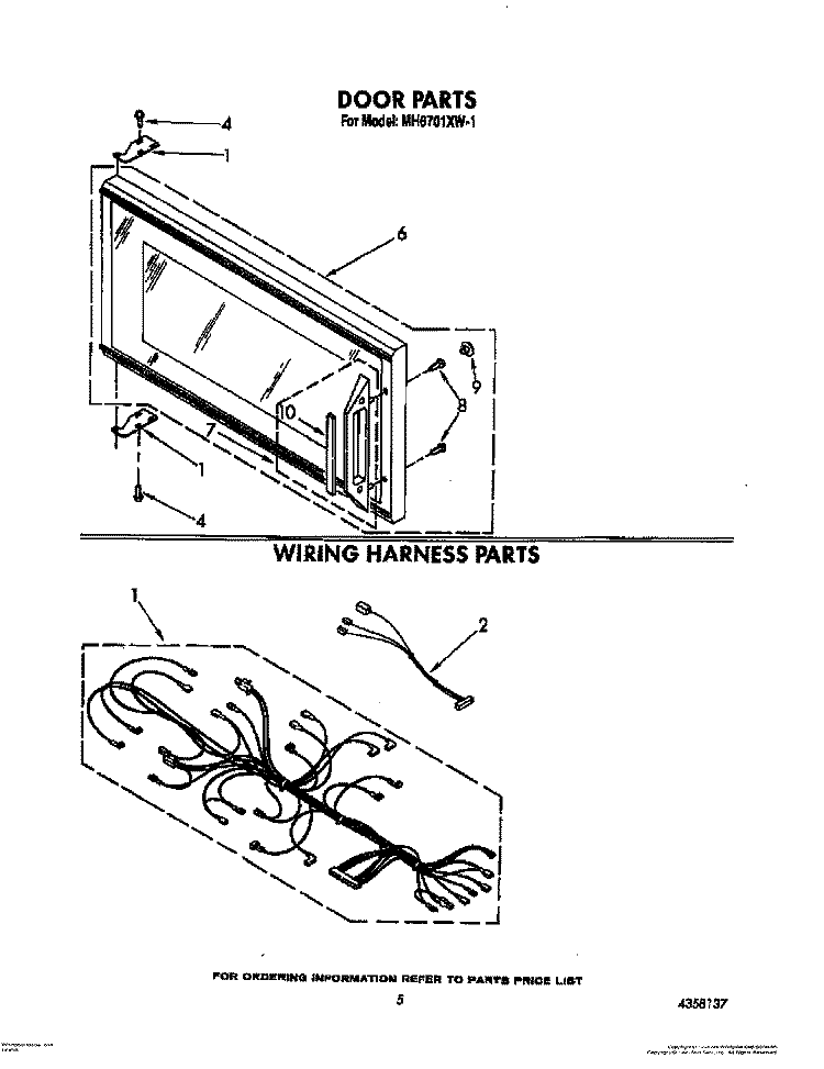 DOOR, WIRING HARNESS, LIT/OPTIONAL Diagram and Parts List for MH6701XW1  Whirlpool Microwave