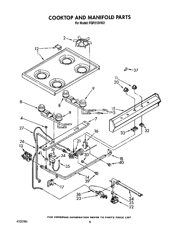 COOKTOP AND MANIFOLD, LIT/OPTIONAL Diagram and Parts List for FGP215VW2  Roper Range