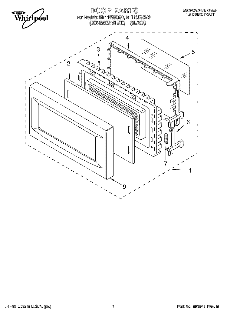 DOOR Diagram and Parts List for MT1195SGB0  Whirlpool Microwave