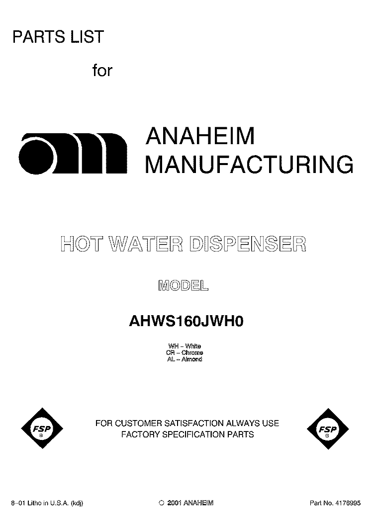 FRONT COVER Diagram and Parts List for AHWS160JAL0  Whirlpool Miscellaneous