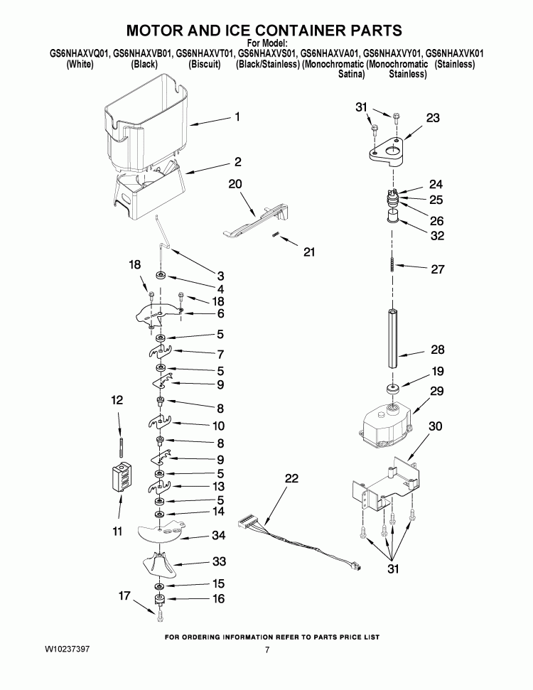 MOTOR & ICE CONTAINER PARTS Diagram and Parts List for GS6NHAXVK01  Whirlpool Refrigerator
