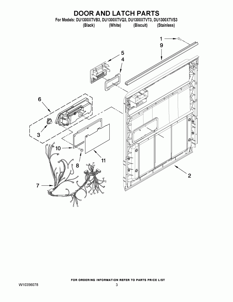 DOOR AND LATCH PARTS Diagram and Parts List for DU1300XTVS3  Whirlpool Dishwasher