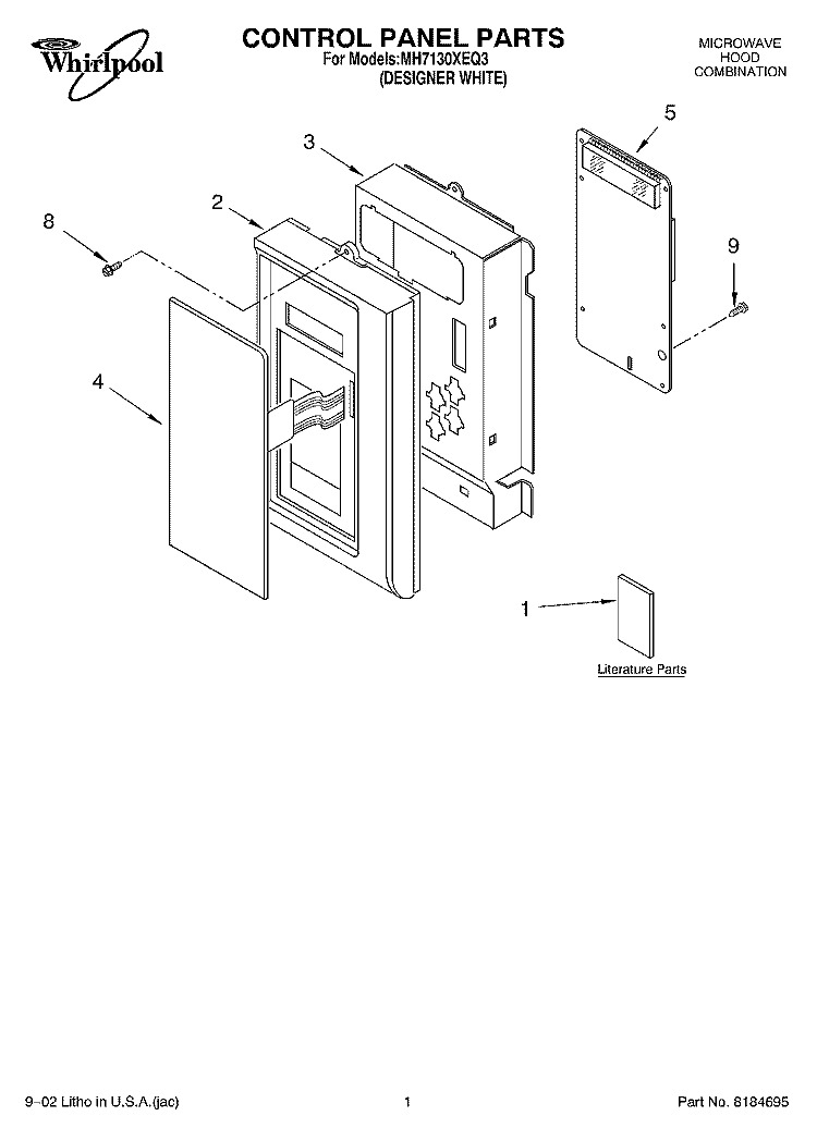 CONTROL PANEL, LITERATURE Diagram and Parts List for MH7130XEQ3  Whirlpool Microwave