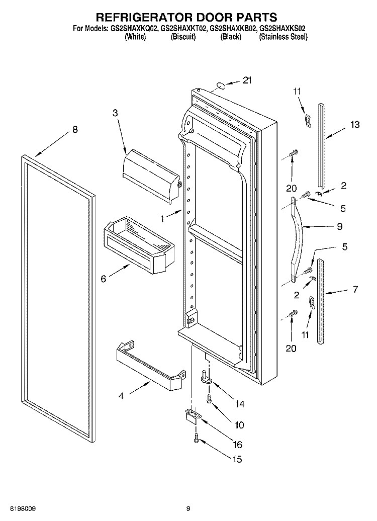 REFRIGERATOR DOOR PARTS Diagram and Parts List for GS2SHAXKT02  Whirlpool Refrigerator