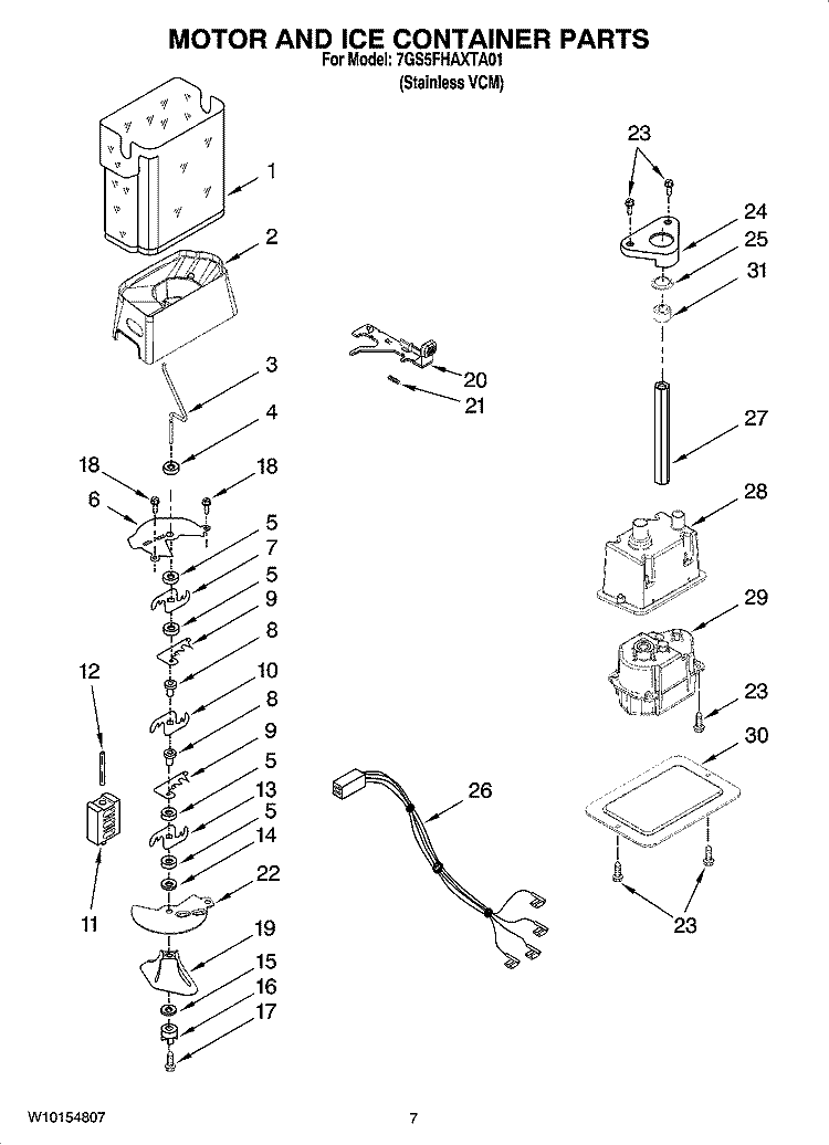 MOTOR AND ICE CONTAINER PARTS Diagram and Parts List for 7GS5FHAXTA01  Whirlpool Refrigerator