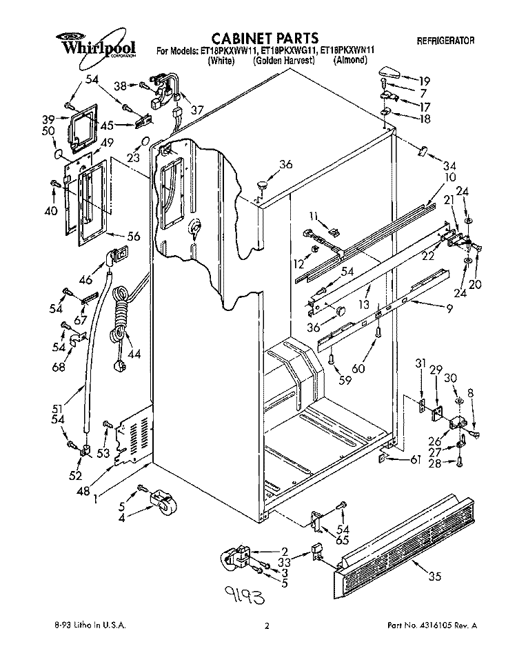 CABINET Diagram and Parts List for ET18PKXWG11  Whirlpool Refrigerator