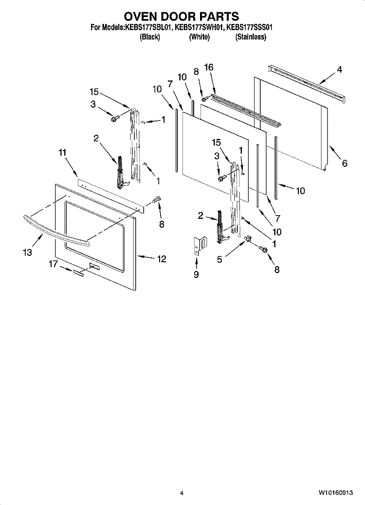 OVEN DOOR PARTS Diagram and Parts List for KEBS177SWH01  KitchenAid Wall Oven