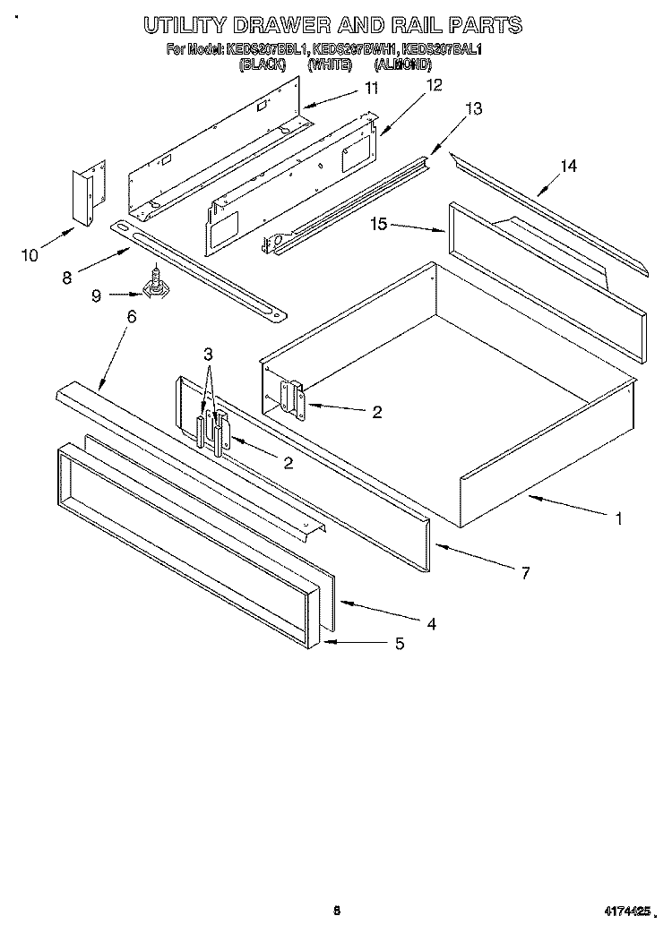 UTILITY DRAWER AND RAIL Diagram and Parts List for KEDS207BWH1  KitchenAid Range