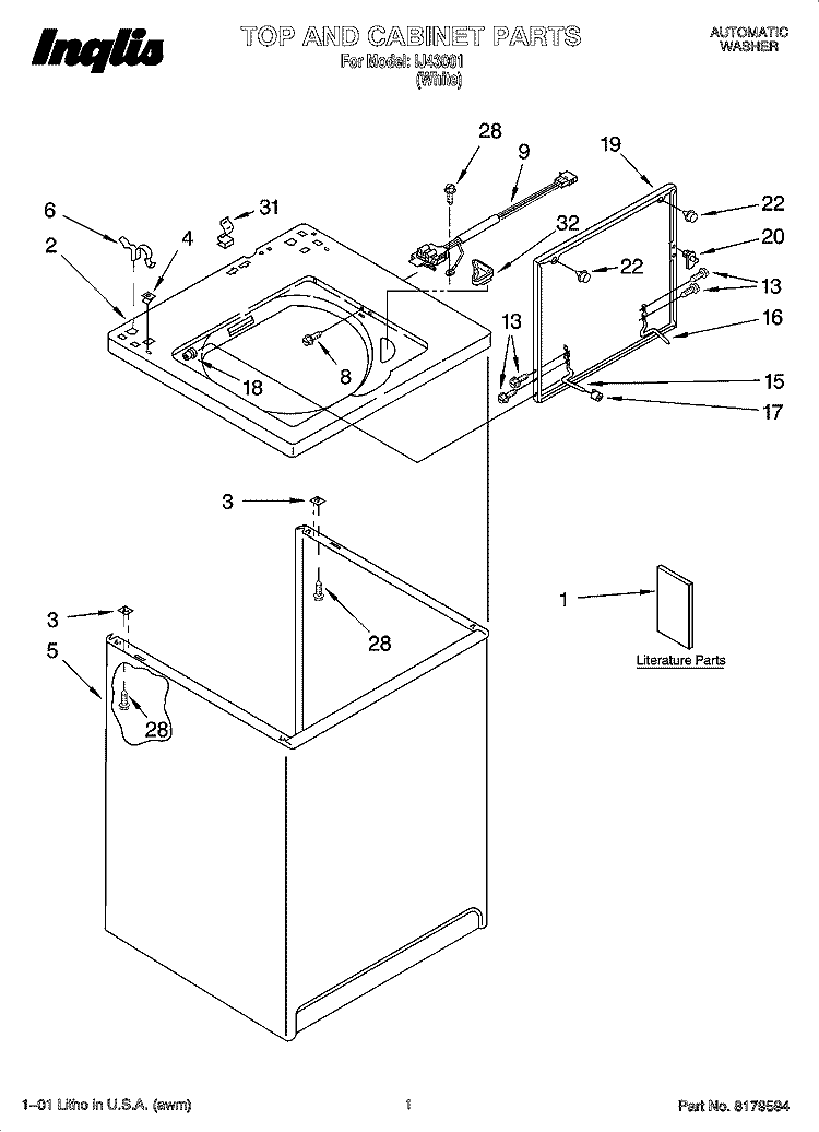 TOP AND CABINET PARTS Diagram and Parts List for IJ43001  Inglis Washer