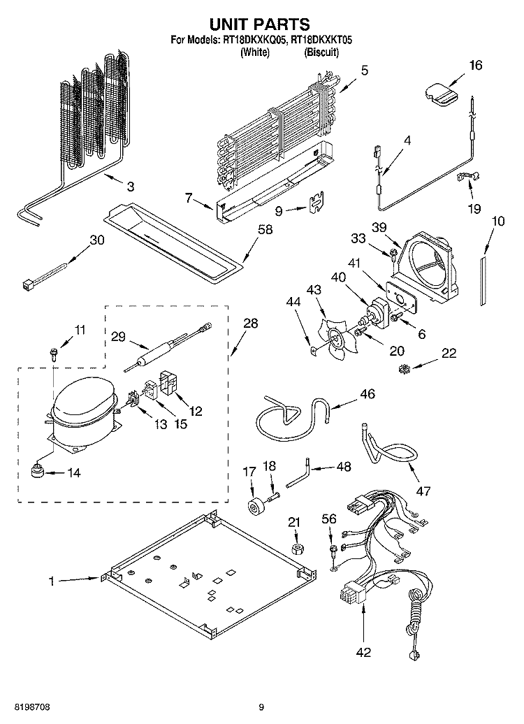 UNIT PARTS, OPTIONAL PARTS Diagram and Parts List for RT18DKXKT05  Roper Refrigerator