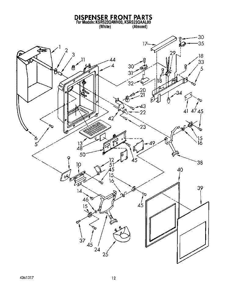 DISPENSER FRONT Diagram and Parts List for KSRS22QAWH00  KitchenAid Refrigerator
