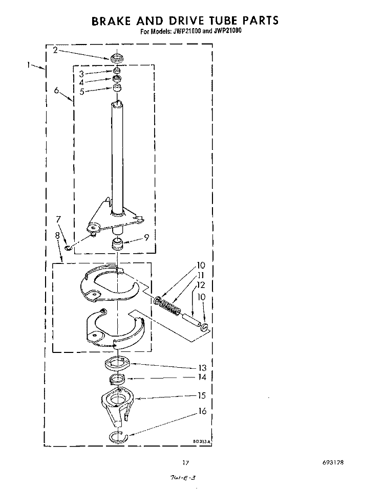 BRAKE AND DRIVE TUBE Diagram and Parts List for JWP21000  Whirlpool Washer Dryer Combo