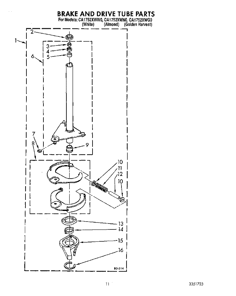 BRAKE AND DRIVE TUBE Diagram and Parts List for CA1752XWN0  Whirlpool Washer
