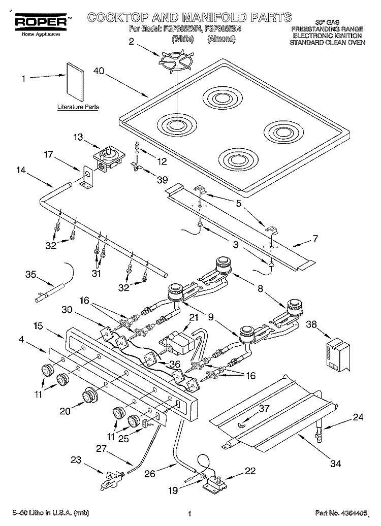 COOKTOP AND MANIFOLD, LITERATURE Diagram and Parts List for FGP305EN4  Roper Range