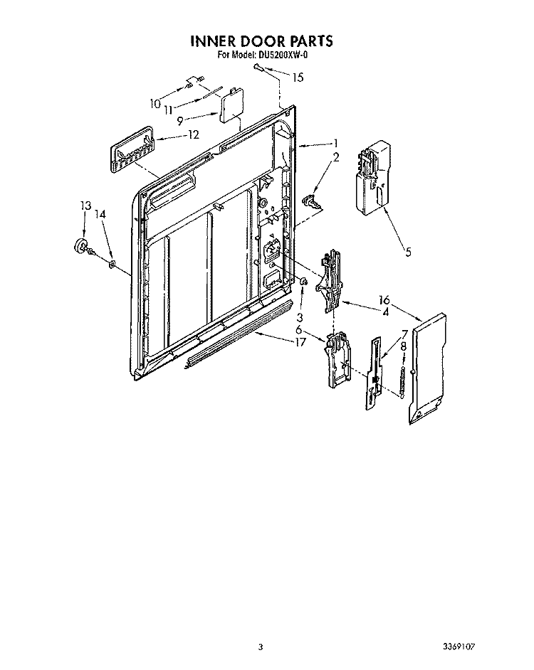 INNER DOOR Diagram and Parts List for DU5200XW0  Whirlpool Dishwasher