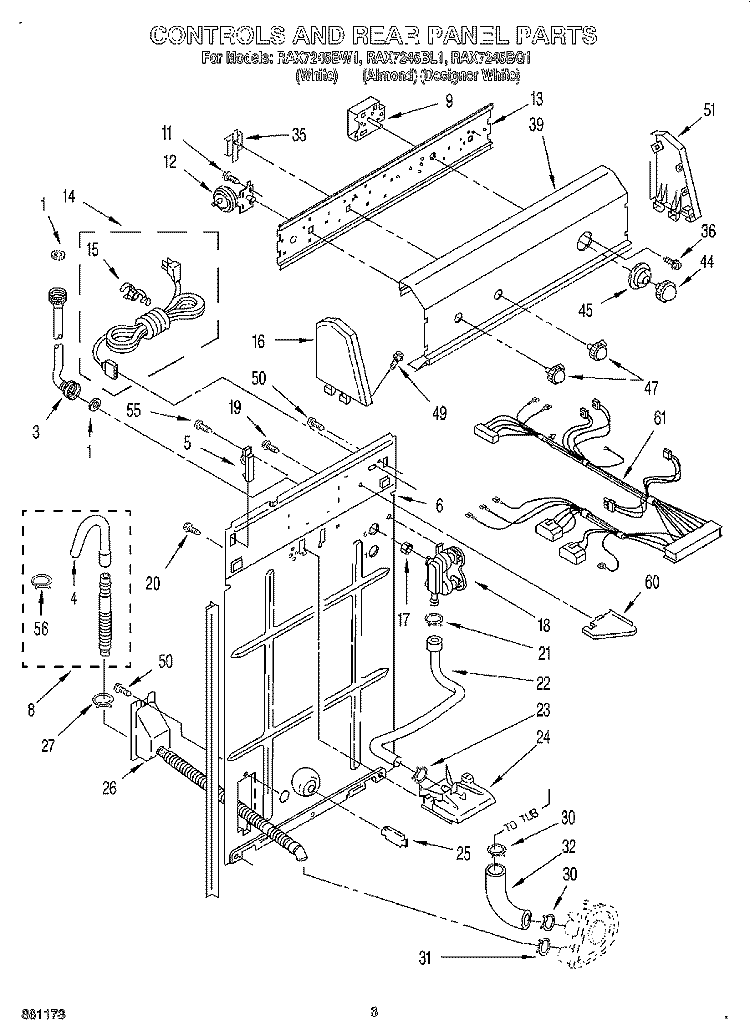 CONTROLS AND REAR PANEL Diagram and Parts List for RAX7245BL1  Roper Washer