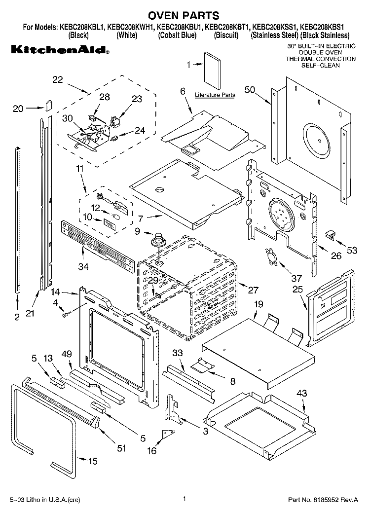 OVEN PARTS Diagram and Parts List for KEBC208KWH1  KitchenAid Wall Oven