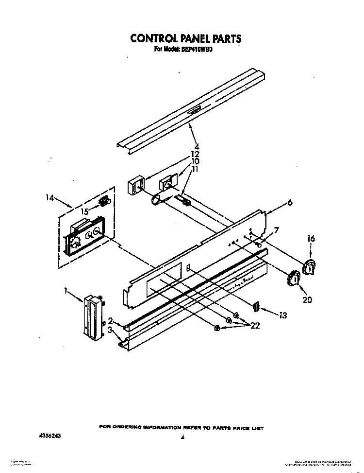 CONTROL PANEL Diagram and Parts List for BEP410WB0  Roper Range