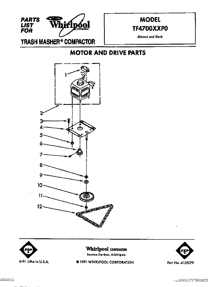 MOTOR AND DRIVE, LIT/OPTIONAL Diagram and Parts List for TF4700XXP0  Whirlpool Trash Compactor