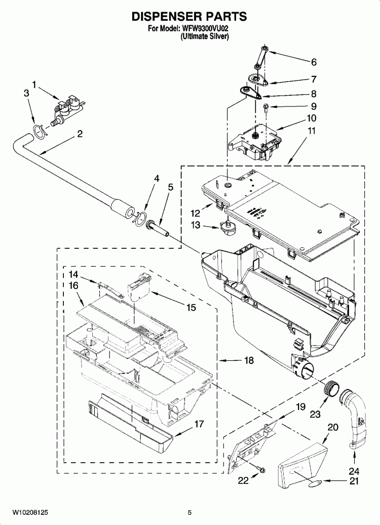 DISPENSER PARTS Diagram and Parts List for WFW9300VU02  Whirlpool Washer